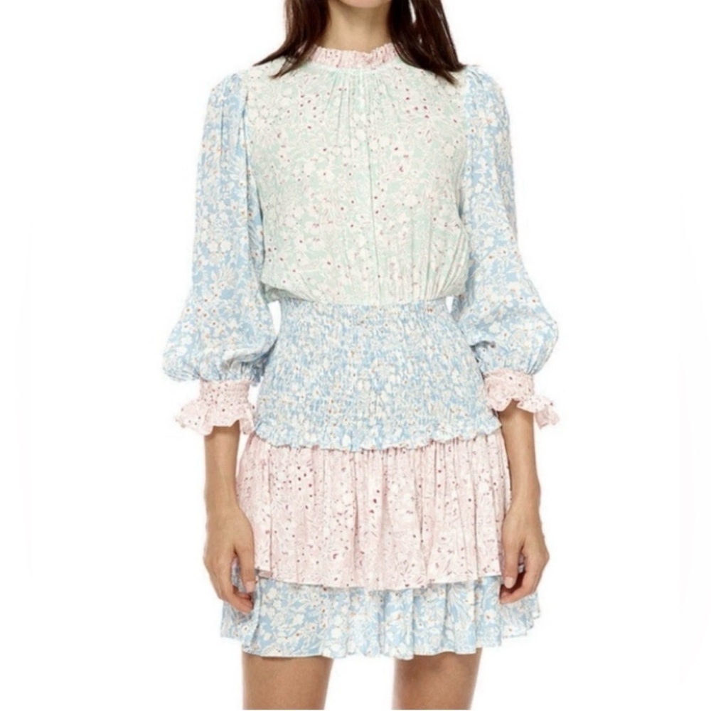 Stellah Long Sleeve Multi Floral Smocked Waistband Mini Dress, Size S
